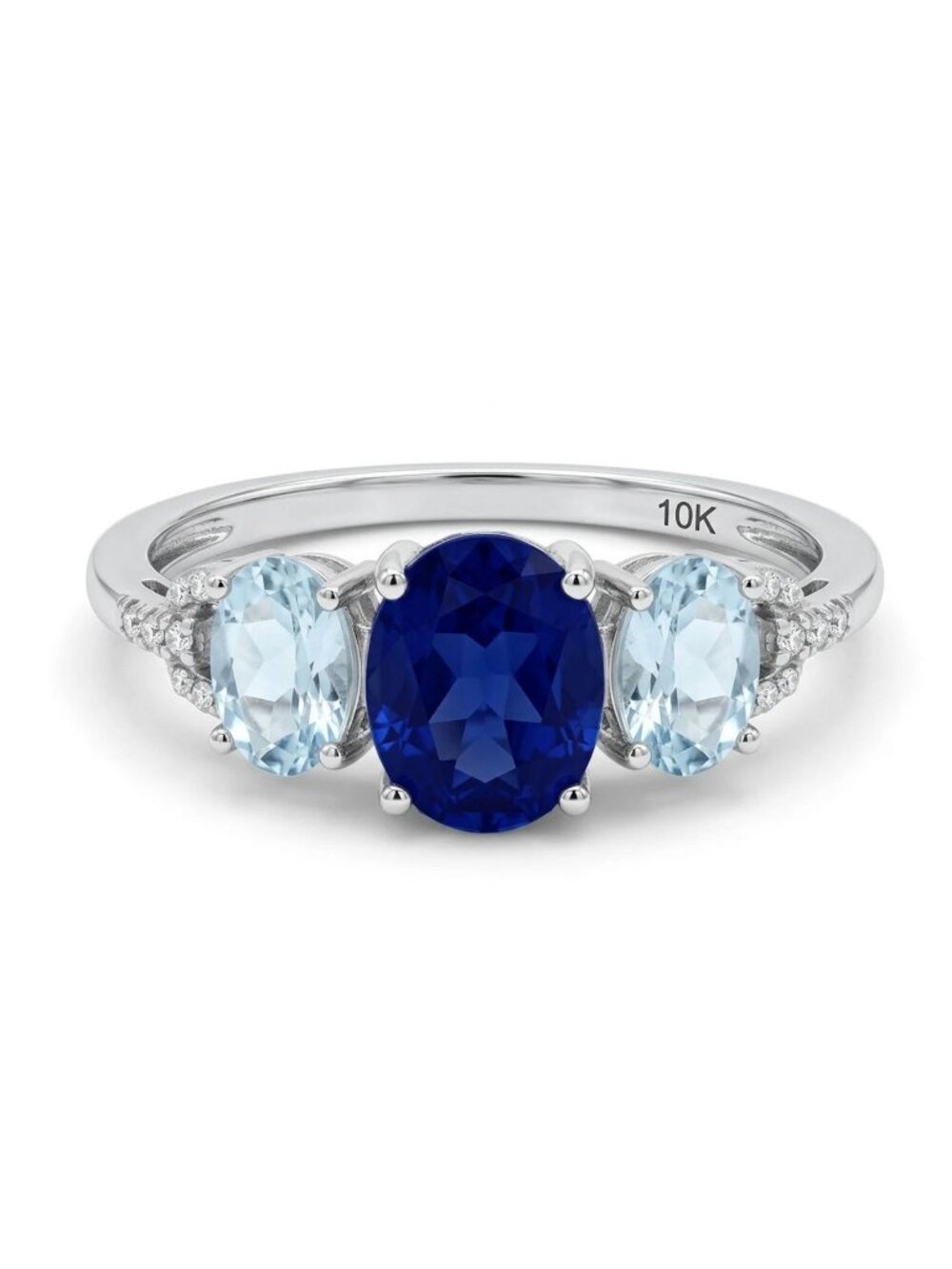 Genuine Blue Sapphire , Aquaqmarine & Diamond Ring 10k Solid White Gold